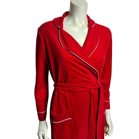 Vintage Red Velour Bathrobe with White Piping Classic Wrap Style Robe Small - Picture 7 of 13